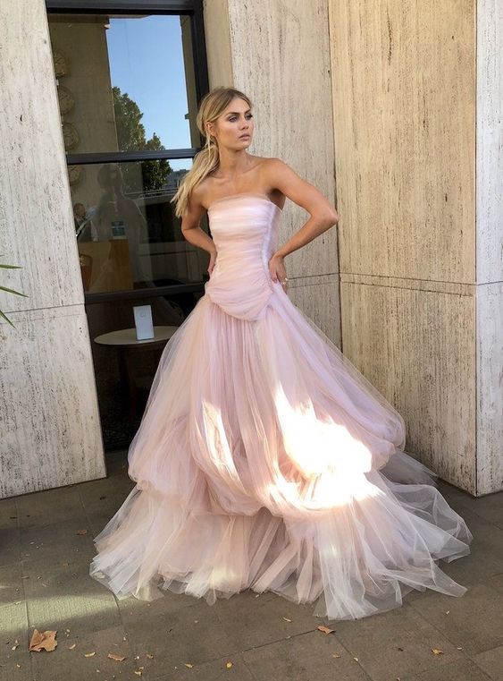 Sheer Strapless Ruched Tiered Tulle Ballgown Prom Dress