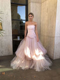 Sheer Strapless Ruched Tiered Tulle Ballgown Prom Dress