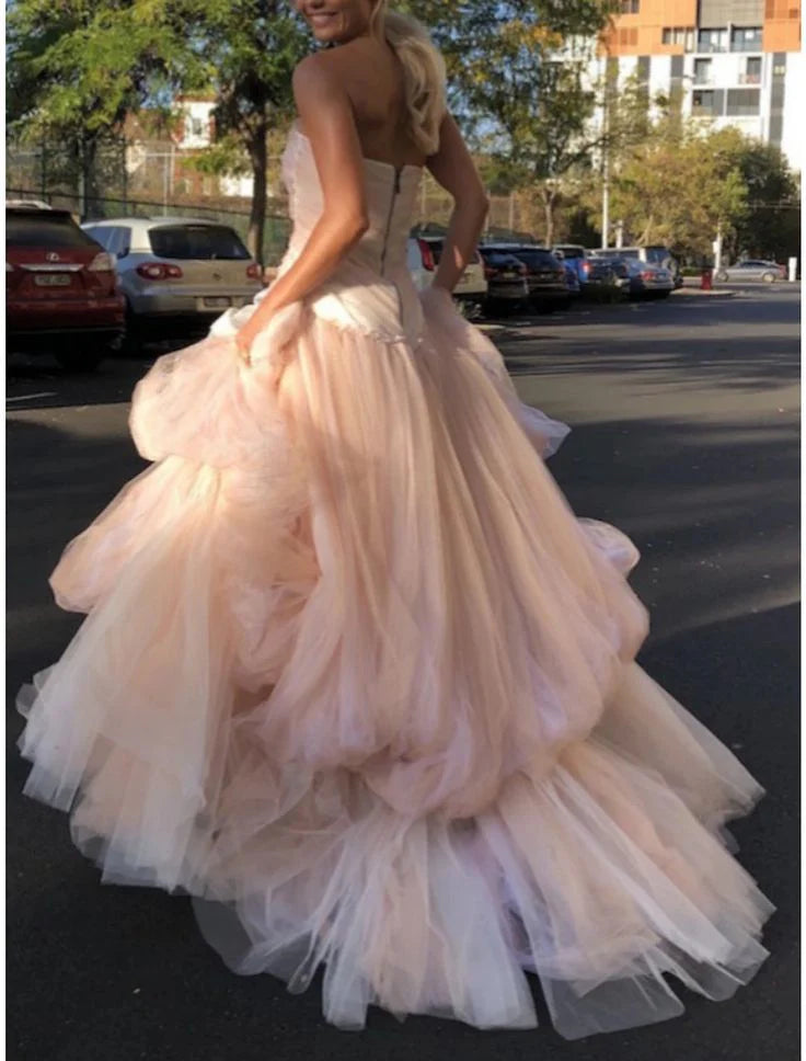 Sheer Strapless Ruched Tiered Tulle Ballgown Prom Dress
