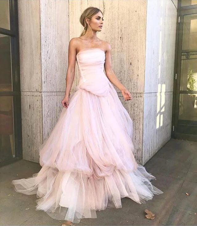 Sheer Strapless Ruched Tiered Tulle Ballgown Prom Dress