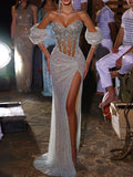 Showstopper Crystal Sequin Mermaid Sweetheart Strapless Detachable-Puff-Sleeve High-Slit Floor-Length Evening Gown