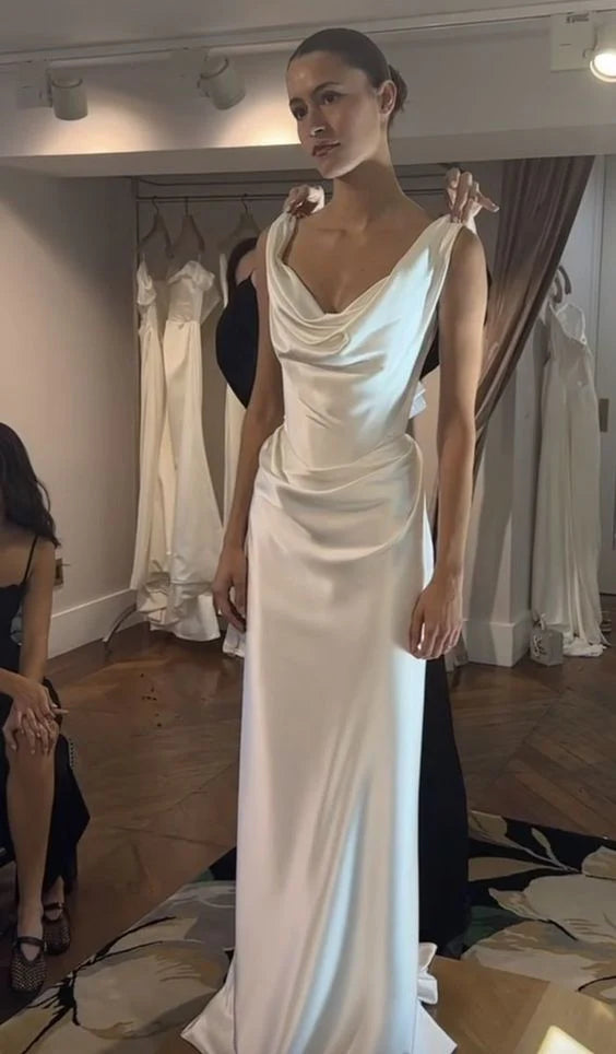 Sleek Draped Cowl-Neck Sleeveless Solid-Back Floor-Length Prom Dress