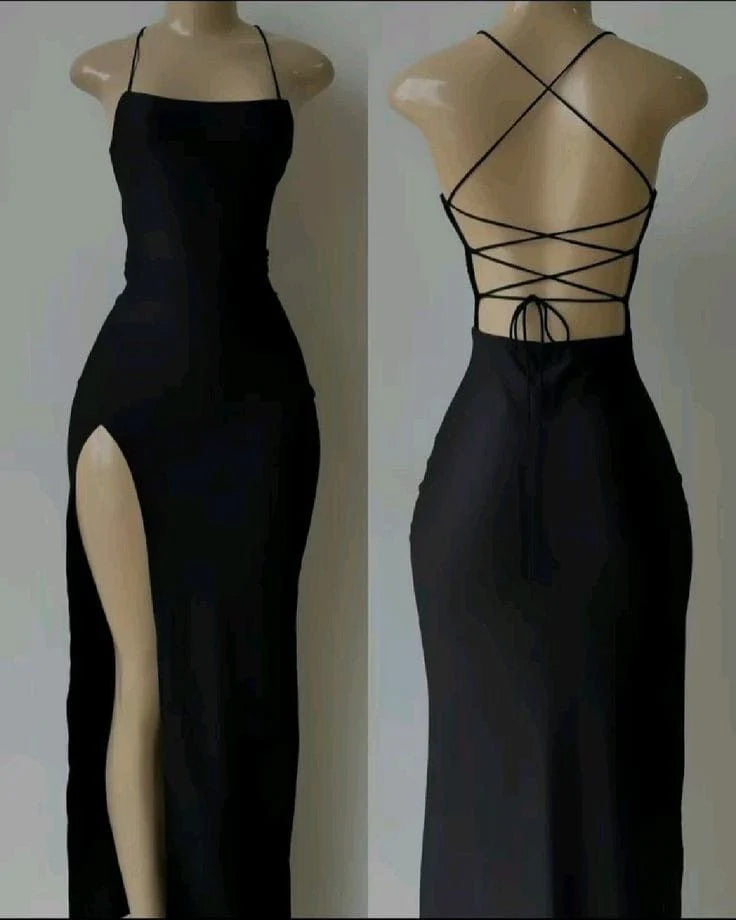 Sleek Fitted Square-Neck Spaghetti-Strap Crisscross-Back High-Slit Prom Dress