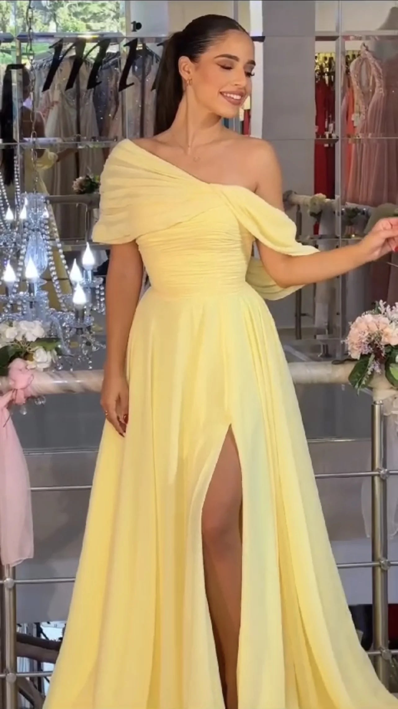 Soft Ruched One-Shoulder Draped High-Slit Ballgown Floor-Length Prom Dress