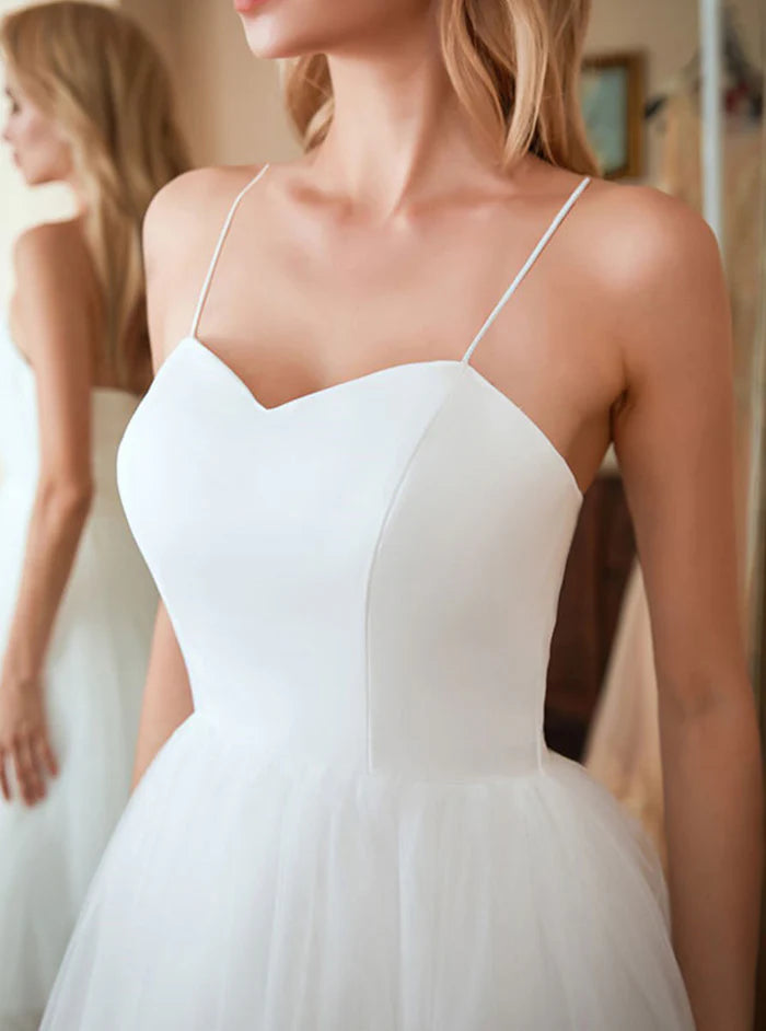 Solid Color  Minimalist Vintage Tulle A-Line Sweetheart Spaghetti-Strap Lace-Up-Back Tea-Length Wedding Dress