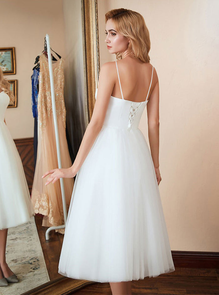 Solid Color  Minimalist Vintage Tulle A-Line Sweetheart Spaghetti-Strap Lace-Up-Back Tea-Length Wedding Dress