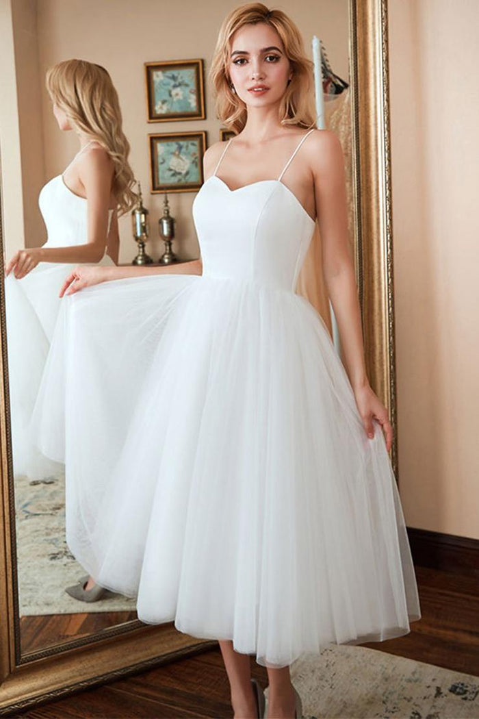 Solid Color  Minimalist Vintage Tulle A-Line Sweetheart Spaghetti-Strap Lace-Up-Back Tea-Length Wedding Dress