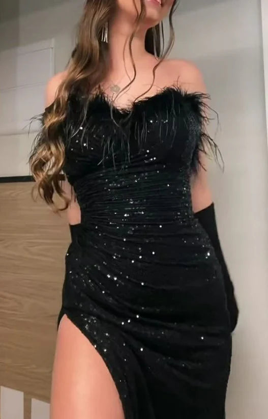 Sparkling Feather-Trim Strapless Ruched High-Slit Floor-Length Prom Dress