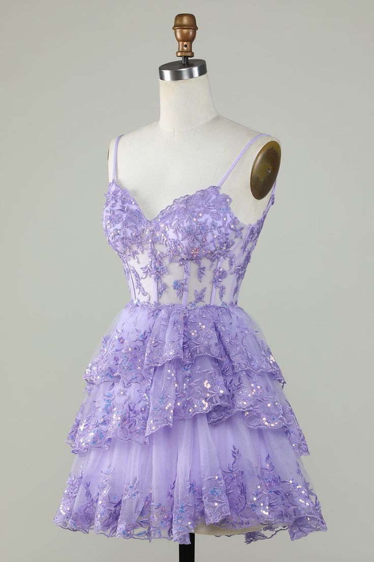 Sparkling Lace-Embroidered Sweetheart Spaghetti-Strap Tiered Mini Prom Dress
