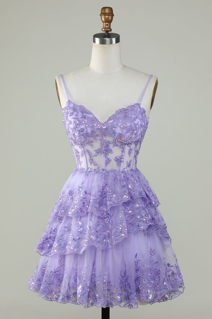 Sparkling Lace-Embroidered Sweetheart Spaghetti-Strap Tiered Mini Prom Dress