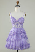 Sparkling Lace-Embroidered Sweetheart Spaghetti-Strap Tiered Mini Prom Dress