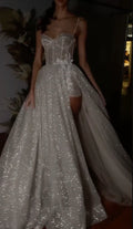 Sparkling Sheer Sweetheart Spaghetti-Strap Open-Back High-Slit Prom Dress