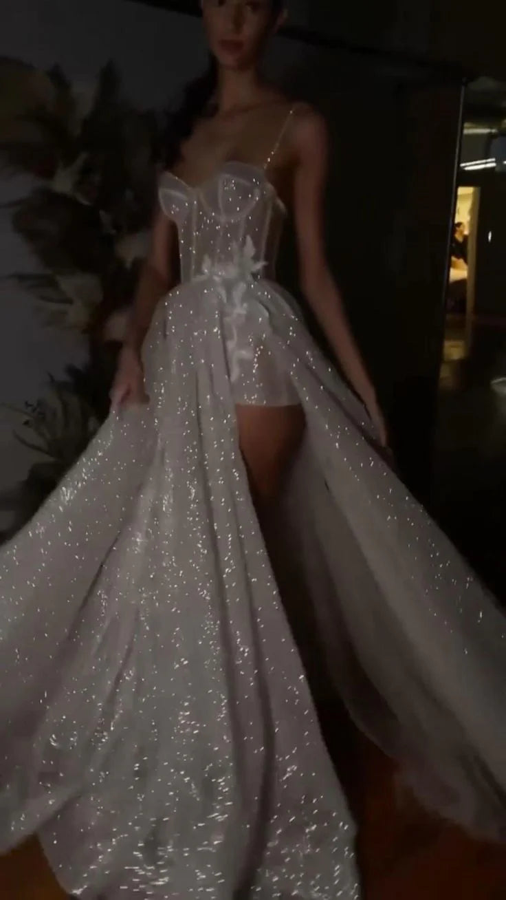 Sparkling Sheer Sweetheart Spaghetti-Strap Open-Back High-Slit Prom Dress