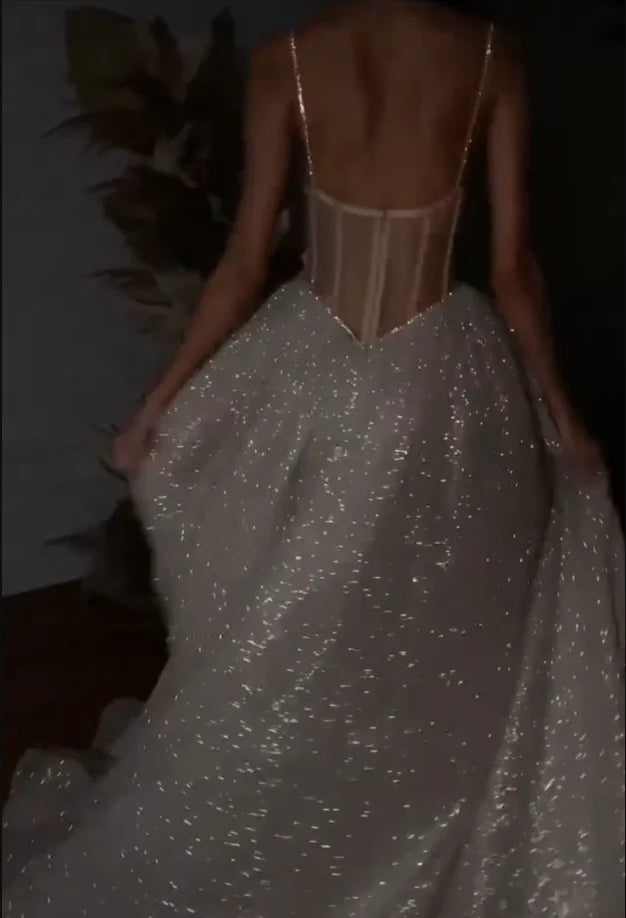 Sparkling Sheer Sweetheart Spaghetti-Strap Open-Back High-Slit Prom Dress