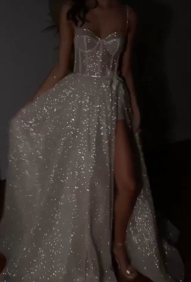 Sparkling Sheer Sweetheart Spaghetti-Strap Open-Back High-Slit Prom Dress