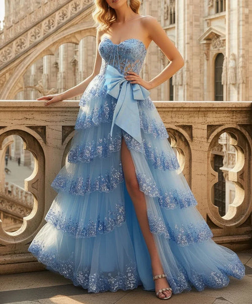 Sparkling Strapless Sweetheart Bow-Detail Tiered Lace High-Slit Sweeping-Train Prom Dress