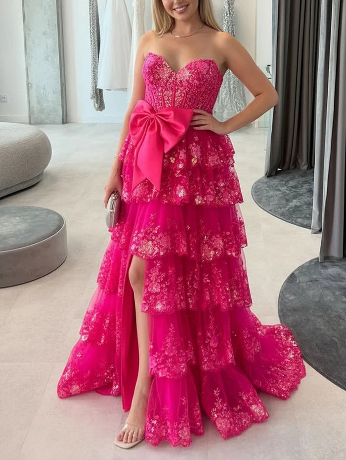 Sparkling Strapless Sweetheart Bow-Detail Tiered Lace High-Slit Sweeping-Train Prom Dress