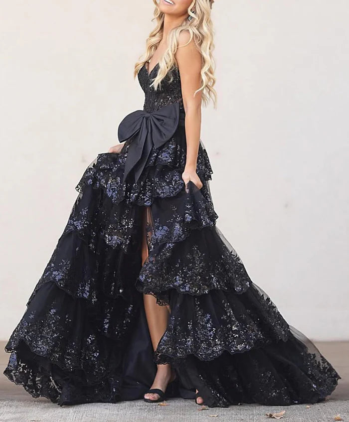 Sparkling Strapless Sweetheart Bow-Detail Tiered Lace High-Slit Sweeping-Train Prom Dress