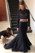 Sparkly Two-Piece Mermaid High-Neck Long-Sleeve Open-Back Floor-Length Prom Gown