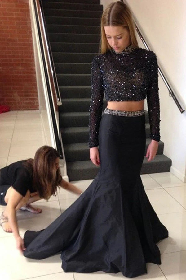Sparkly Two-Piece Mermaid High-Neck Long-Sleeve Open-Back Floor-Length Prom Gown
