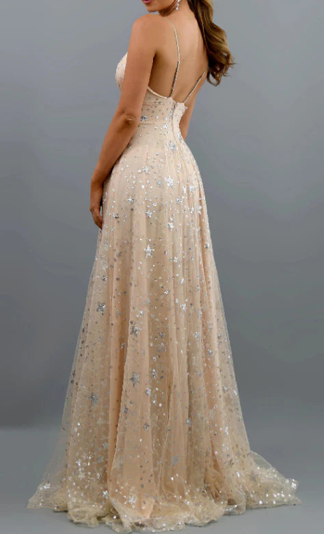 Starry Sequin Tulle Ballgown V-Neck Spaghetti-Strap High-Slit Sweeping-Train Floor-Length Prom Gown