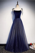 Starry Velvet A-Line Square-Neck Tie-Strap Lace-Up-Back Floor-Length Prom Gown