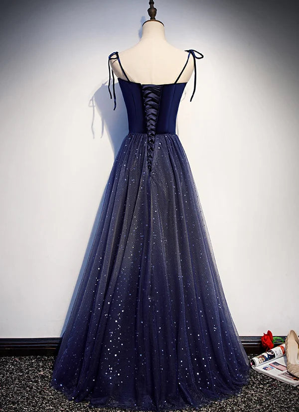 Starry Velvet A-Line Square-Neck Tie-Strap Lace-Up-Back Floor-Length Prom Gown