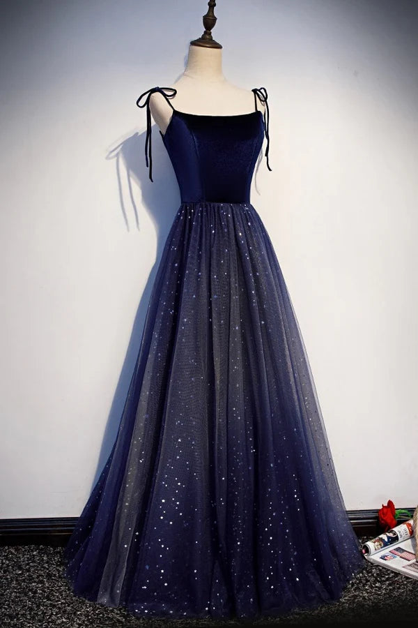 Starry Velvet A-Line Square-Neck Tie-Strap Lace-Up-Back Floor-Length Prom Gown