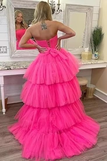 Strapless Tiered Ruffle Tulle High-Low Prom Dress
