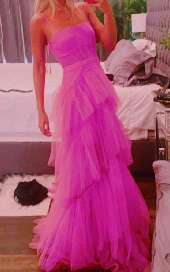 Tulle Spaghetti-Strap Tiered Ruffle A-Line Prom Dress