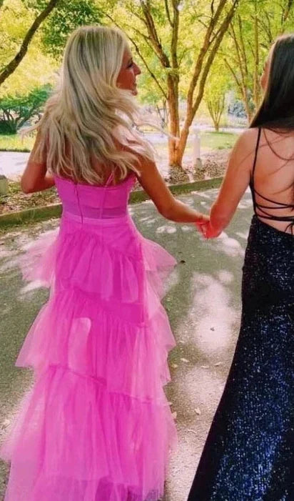 Tulle Spaghetti-Strap Tiered Ruffle A-Line Prom Dress