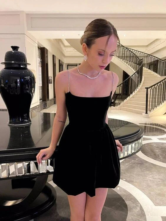 Velvet Beaded-Strap Square-Neck Fit-and-Flare Mini Prom Dress