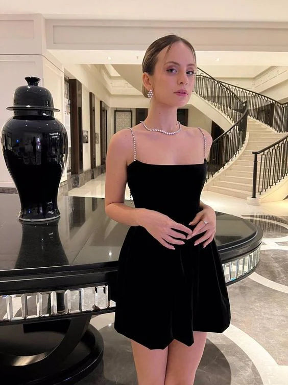 Velvet Beaded-Strap Square-Neck Fit-and-Flare Mini Prom Dress