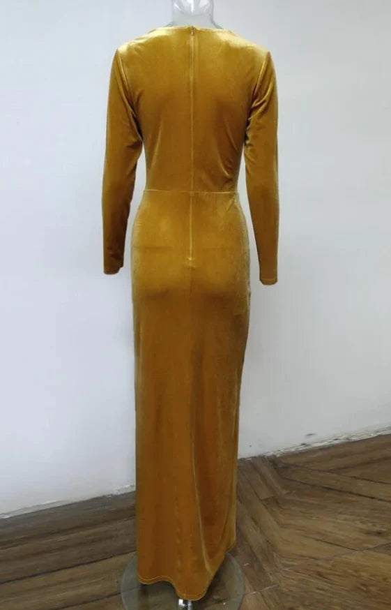 Velvet Deep-V Long-Sleeve Ruched High-Slit Floor-Length Prom Dress
