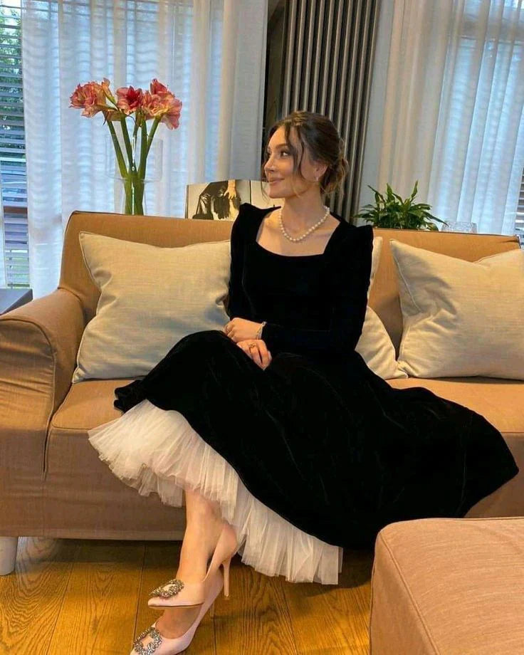 Velvet Square-Neck Long-Sleeve Two-Tone Tiered Floor-Length Prom Dress