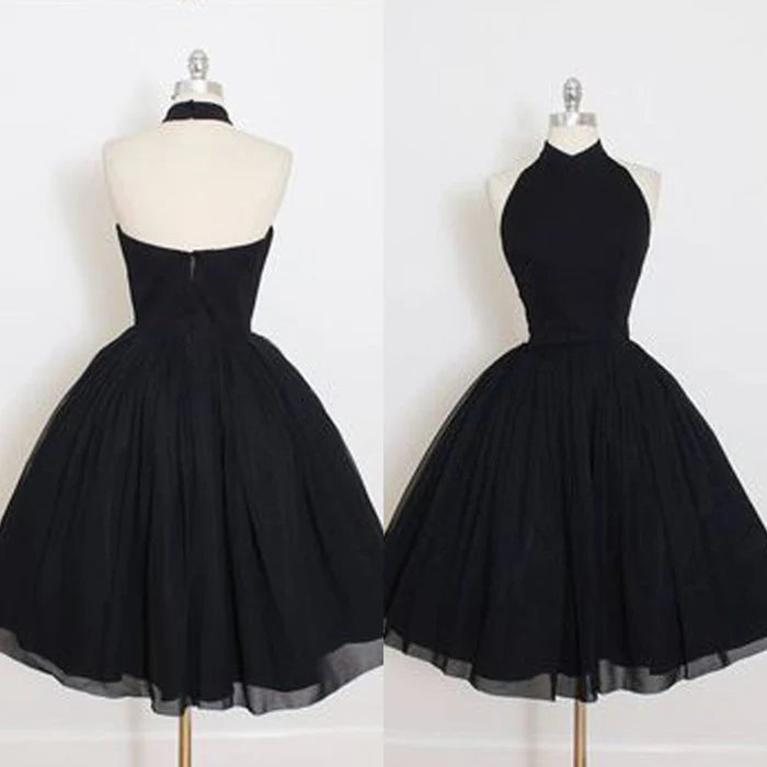 Vintage Halter A-Line High-Neck Sleeveless Open-Back Knee-Length Cocktail Dress