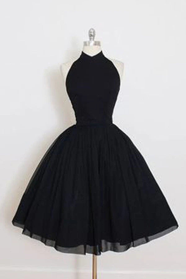 Vintage Halter A-Line High-Neck Sleeveless Open-Back Knee-Length Cocktail Dress