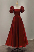 Vintage Satin A-Line Square-Neck Puff-Sleeve Lace-Up-Back Floor-Length Evening Gown