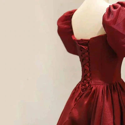Vintage Satin A-Line Square-Neck Puff-Sleeve Lace-Up-Back Floor-Length Evening Gown
