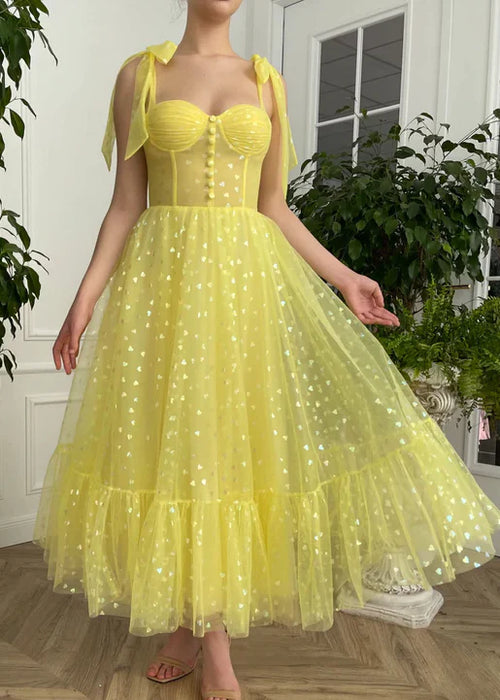 Whimsical Sweetheart Tie-Strap Open-Back Heart-Sequin Tiered Tulle Midi Party Dress