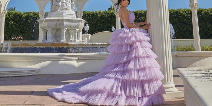 Wonderful Romantic Tulle Ballgown Sweetheart Crystal-Strap Cutout-Waist Tiered-Ruffle Cathedral-Train Quinceañera Gown