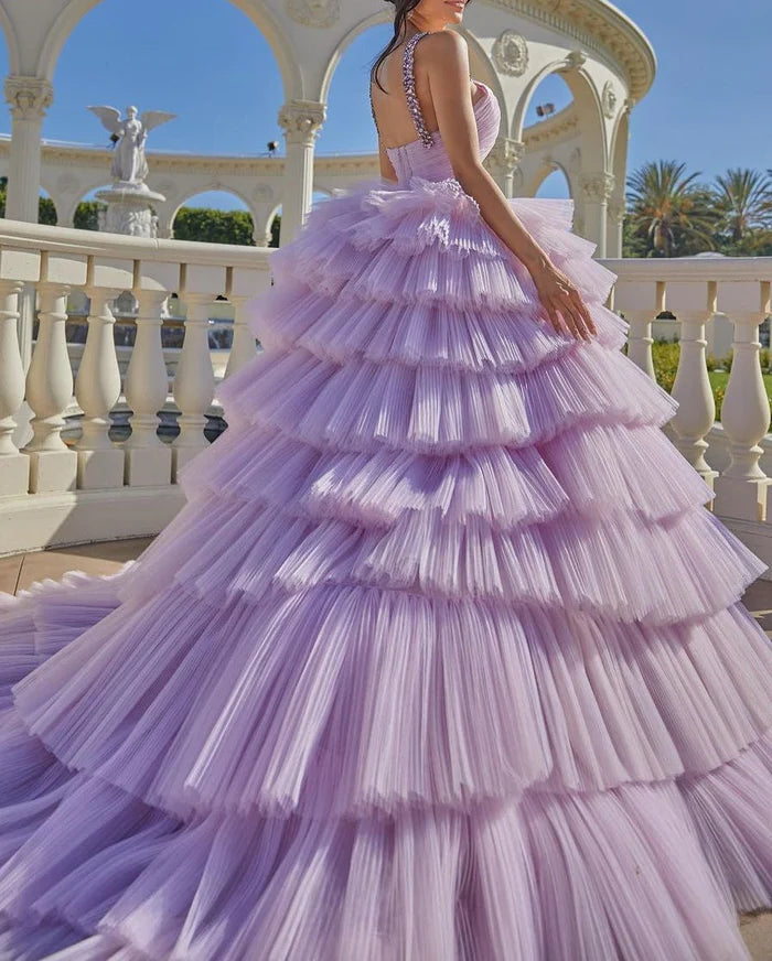 Wonderful Romantic Tulle Ballgown Sweetheart Crystal-Strap Cutout-Waist Tiered-Ruffle Cathedral-Train Quinceañera Gown