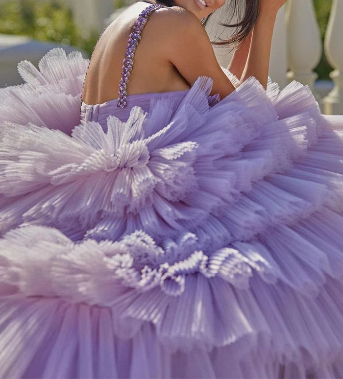 Wonderful Romantic Tulle Ballgown Sweetheart Crystal-Strap Cutout-Waist Tiered-Ruffle Cathedral-Train Quinceañera Gown