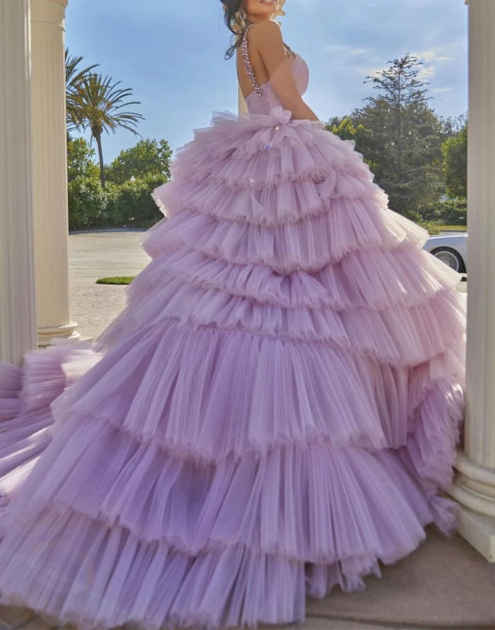 Wonderful Romantic Tulle Ballgown Sweetheart Crystal-Strap Cutout-Waist Tiered-Ruffle Cathedral-Train Quinceañera Gown