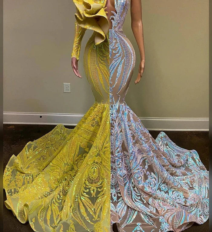 color matching Luxury Dual-Tone Sequin Mermaid Sweetheart Asymmetric-Sleeve Floral-Appliqué Floor-Length Prom Gown